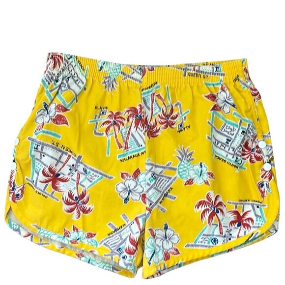 Vintage Pants - Vintage Drop Anchor Hawaiian Tropical Yellow 80s Womens Elastic Waist Shorts